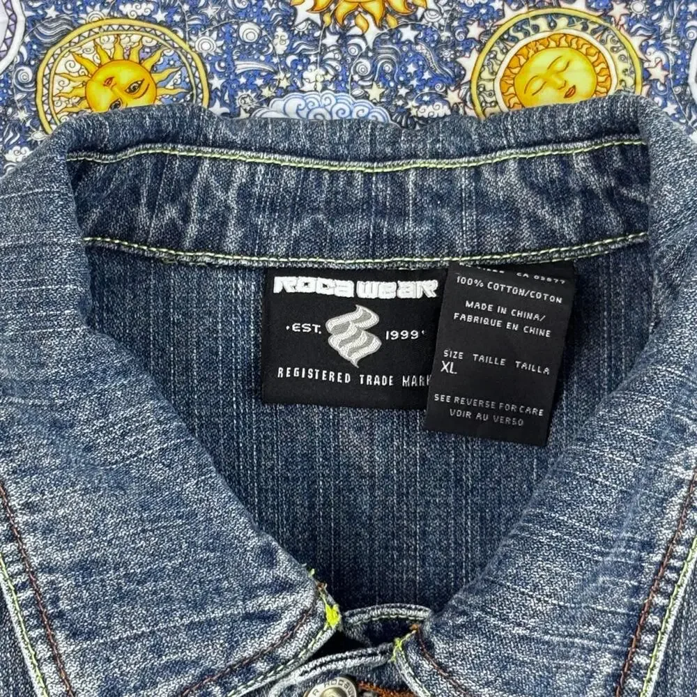 Y2K Vintage Rocawear Indigo Blue Denim Jacket with Orange 'RAW’ Embroidery Patch